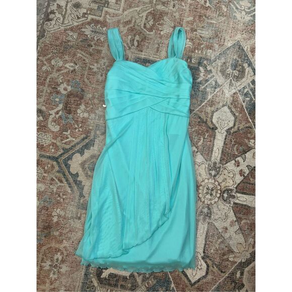 David's Bridal NWT Chiffon Light Teal Ruffle Short Dress - Girl's Sz 14, MP $79 - Picture 2 of 10